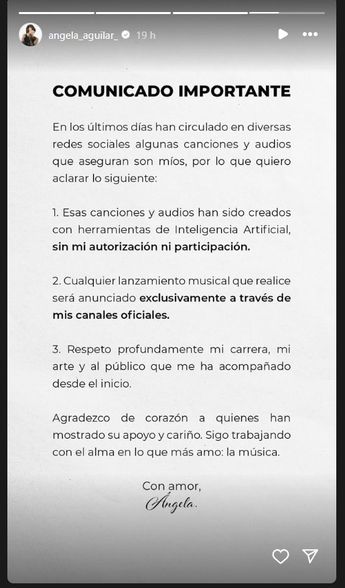La cantante publicó un comunicado en sus redes sociales.