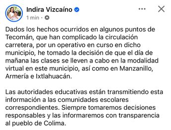 Anuncio de suspensión de clases presenciales. | Indira Vizcaíno vía Facebook.