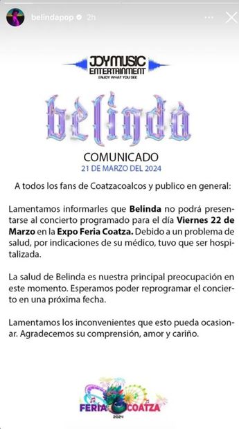Belinda cancela concierto en Veracruz tras ser hospitalizada.