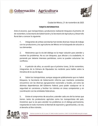 Comunicado de Segob y Sader ante el anuncio de que transportistas y productores se manifestaran el 24 de noviembre del 2025. / X @SEGOB_mx