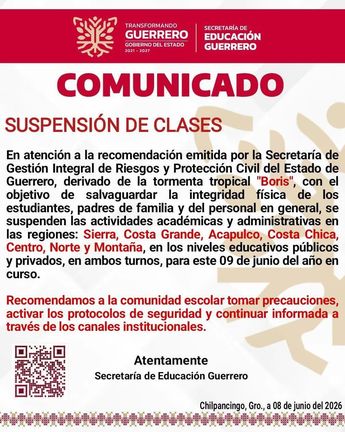 Gobierno de Guerrero informa la suspensión de clases debido a la tormenta tropical Boris