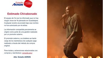 Comunicado oficial del Estadio Akron que el equipo de representación de Kanye West confirmó que no existe ningún show.