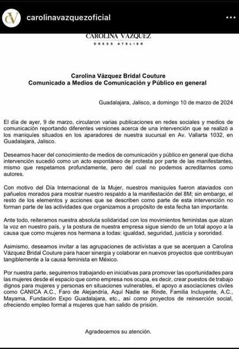 Comunicado de la tienda de vestidos para novia 'Carolina Vázquez'