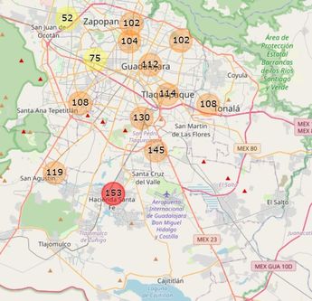 Mapa de zonas más contaminadas este 25 de diciembre. | Semadet Jalisco