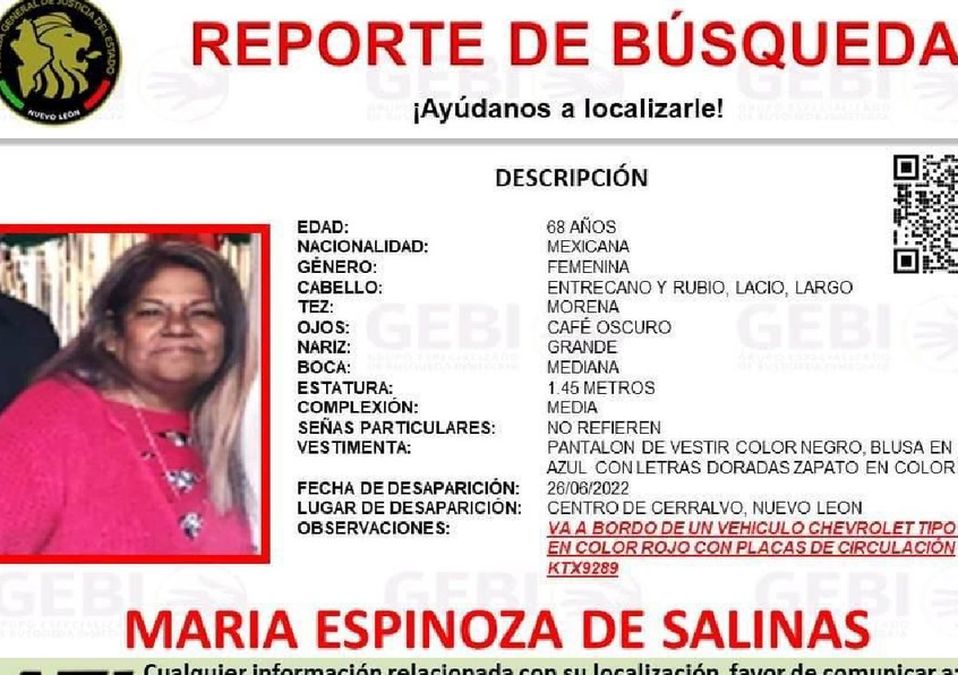 Mujer de 68 años desaparece en el centro de Cerralvo. | Especial