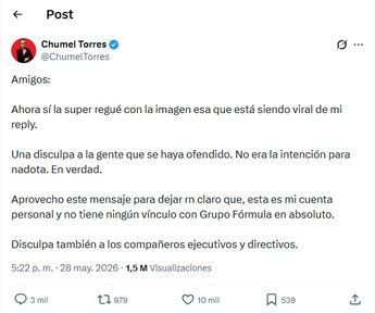 Chumel Torres pide disculpas públicas. | Redes sociales