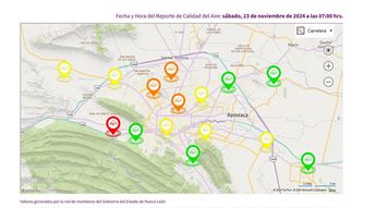 Mapa de la Calidad del Aire en el Área Metropolitana de Monterrey al corte de las 7:00 horas del sábado. | Cortesía
