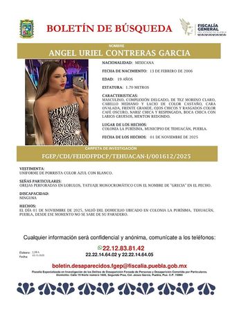 La FGE emitió un boletín de búsqueda por Ángel Uriel Contreras García / Cortesía