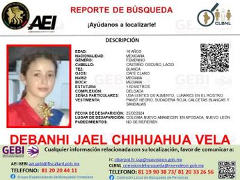 Reporte de búsqueda de Debanhi Jael Chihuahua Vela de 16 años de edad. | Cortesía