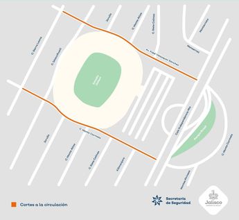 Mapa de cierres viales en el Estadio Jalisco de cara al Atlas vs Querétaro Jornada 12 Clausura 2026 | Secretaria de Seguridad del Estado de Jalisco