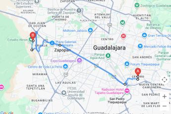 Otra vía para llegar desde el centro de Tlaquepaque al Estadio Guadalajara. | Imagen: Google Maps
