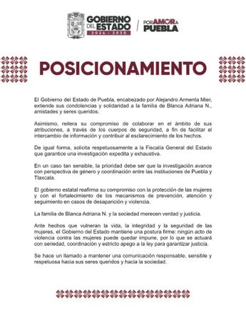 El escrito del Gobierno de Puebla se emitió horas después de que se confirmara el hallazgo sin vida de Blanca / X: @Gob_Puebla