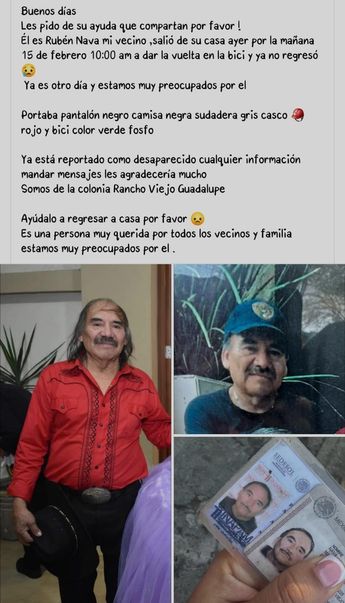 Fue a través de una publicación en Facebook que un vecino solicitó la ayuda de la ciudadanía para encontrar a Rubén Nava / Especial