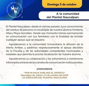 El CCH Naucalpan emitió un comunicado sobre la colaboración en la búsqueda de Kimberly Hilary | Facebook