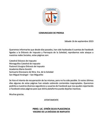 Hackean cuentas de Facebook de la Diócesis de Irapuato y publican contenido sexual | Cortesía Diócesis Irapuato
