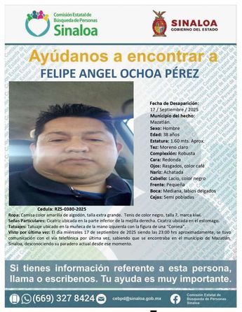 Ficha de búsqueda completa de Felipe FOTO: Especial