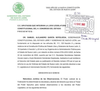 Veto contra la reforma a la Ley de Víctimas del Estado. | Cortesía