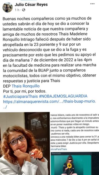 Convocan a marcha por Thais Ronquillo en Puebla
