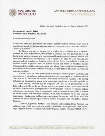 Carta de AMLO a al presidente de Austria Alexander van der Bellen. / Gobierno de México