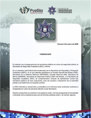 El comunicado de la SSC Puebla confirmó la detención de tres servidores públicos de su corporación / Cortesía