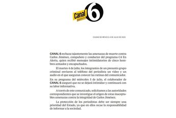 Canal 6 da su postura ante las amenazas a su conductor Carlos Jiménez