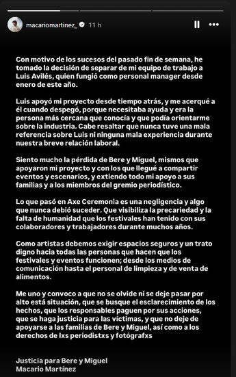 Macario Martínez pidió justicia por las víctimas del AXE Ceremonia | Instagram