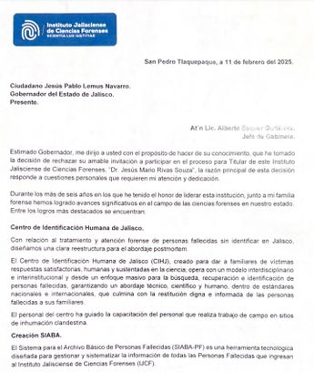 Carta de renuncia de Gustavo Quezada | Especial