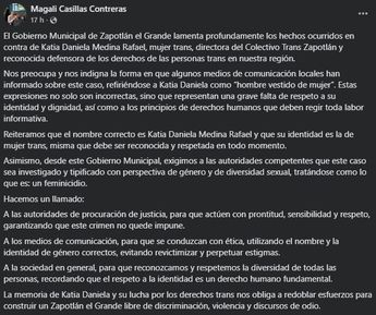 Comunicado de la presidenta municipal de Zapotlán el Grande tras el feminicidio | Magali Casillas vía Facebook