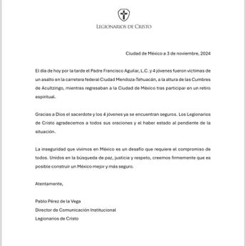 Counicado de los Legionarios de Cristo luego del asalto y secuestro de sus integrantes / Especial