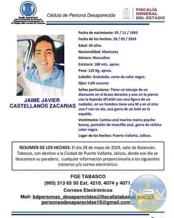Ficha de desaparición de Jaime Javier Castellanos Zacarías / FGE Tabasco