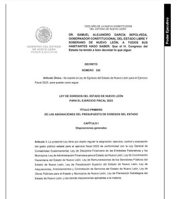 Documento que expresa la expedición de la Ley de Egresos 2023 publicado en el Periódico Oficial del Estado. | Cortesía