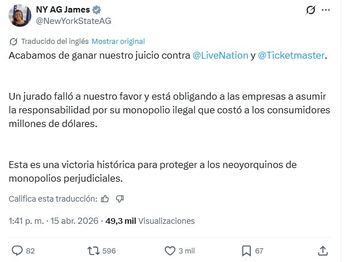 La fiscal general de Nueva York, Letitia James, calificó el resultado como un avance para los consumidores | X