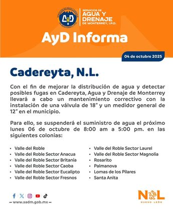 Agua y Drenaje de Monterrey emitió un comunicado con las colonias afectadas por la falta de suministro. | Especial
