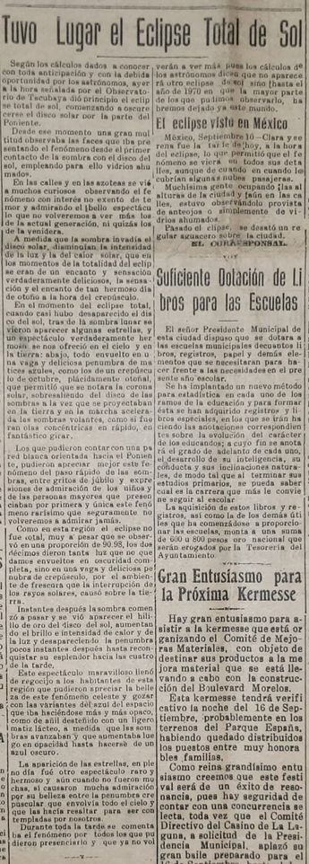 Publicación de La Opinión Laguna sobre el Eclipse Solar 2023
