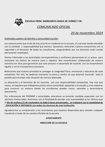 Comunicado de escuela tras presunta amenaza con arma blanca