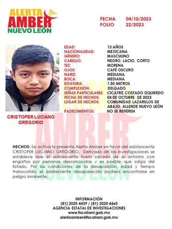 Activan Alerta Amber por menor desaparecido en Allende, Nuevo León. | Cortesía