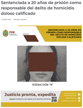 Comunicado de sentencia de Yesenia Ivón por Fiscalía General de Veracruz