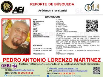 Ficha de búsqueda de Pedro Antonio Lorenzo de 48 años. | Cortesía