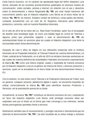 Comunciado del Equipo Legal de Álex Lora. / Cortesía