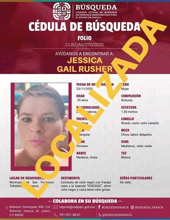 La Comisión Estatal de Búsqueda de Oaxca había emitido una ficha para localizar a Jessica Gail Rusher / Cortesía