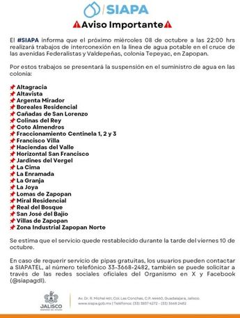 Siapa comunicó que el agua estaría regresando el viernes. | Imagen: Siapa