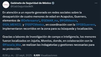 Gabinete de Seguridad de México confirmó la localización de los hermanos tras un operativo conjunto de varias corporaciones | X@GabSeguridadMX