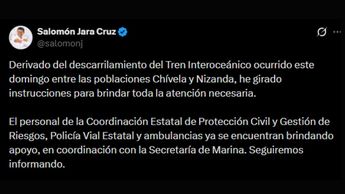 El gobernador de Oaxaca pidió brindar todo el apoyo necesario para los afectados por el descarrilamiento del tren interocéanico / Redes Sociales