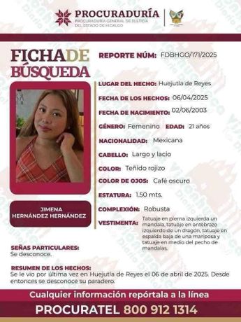 Ficha de búsqueda de Jimena Hernández Hernández en Hidalgo / Especial