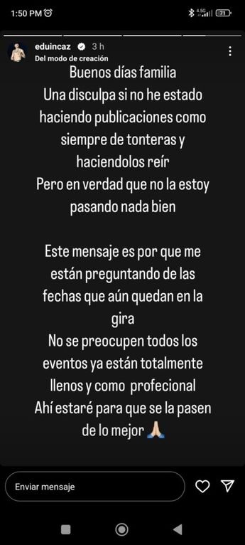 Eduin Caz preocupa a fans por mensaje en redes sociales