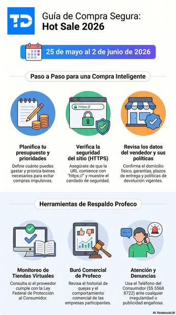 Profeco da recomendaciones para comprar de forma segura en el Hot Sale 2026. | Imagen hecha con apoyo de la inteligencia artificial de NotebookLM