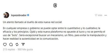 La primera publicación del presidente López Obrador en la nueva red social de Meta. | Cortesía