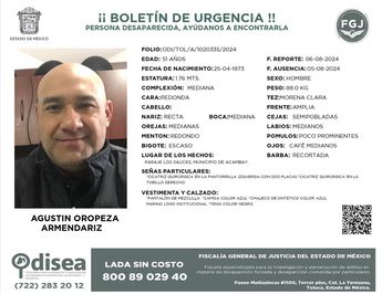 Agustín Oropeza, director de Seguridad Pública de Temascalcingo, Estado de México, se encuentra desaparecido./FGJ Edomex.