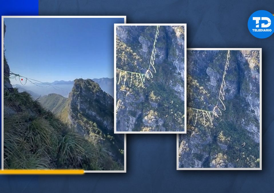Senderista cruzando sobre cuerda floja entre los picos del Cerro de la Silla en NL | Diseño Telediario