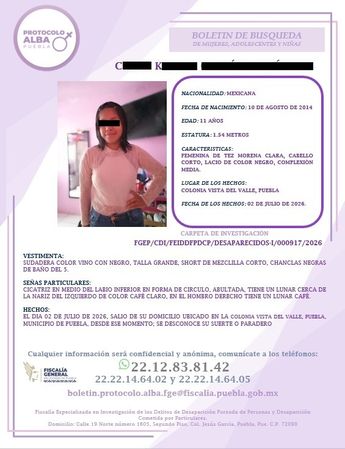 La menor fue vista por última vez en la colonia Vista del Valle, donde vive con su familia / Cortesía Fiscalía de Puebla